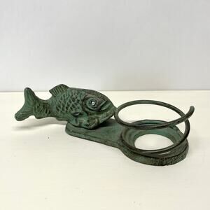Vintage Solid Metal Fish Pipe Holder with Green Patina